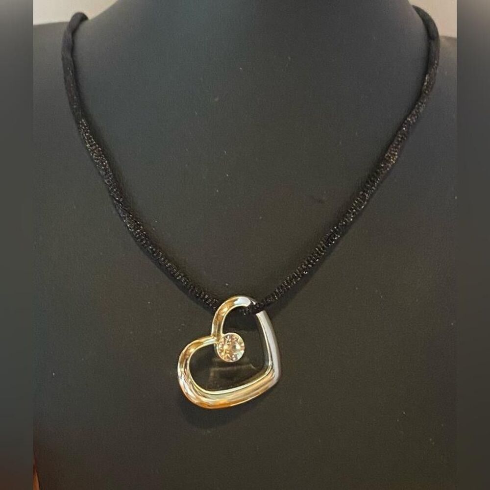 Black Cord Heart Pendant Necklace Clear Stone Barrel Clasp Statement 22” Love